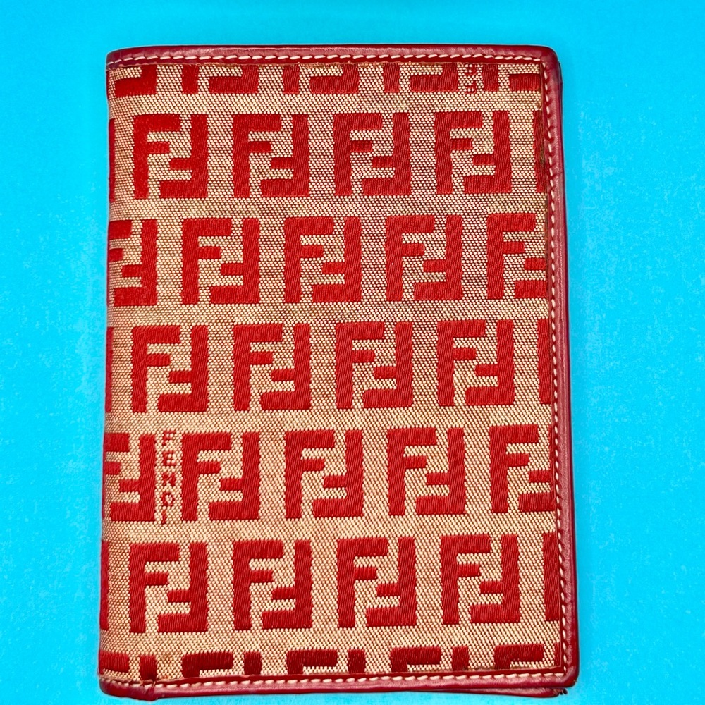 Fendi Beige Canvas Passport Cover with Red FF Logo